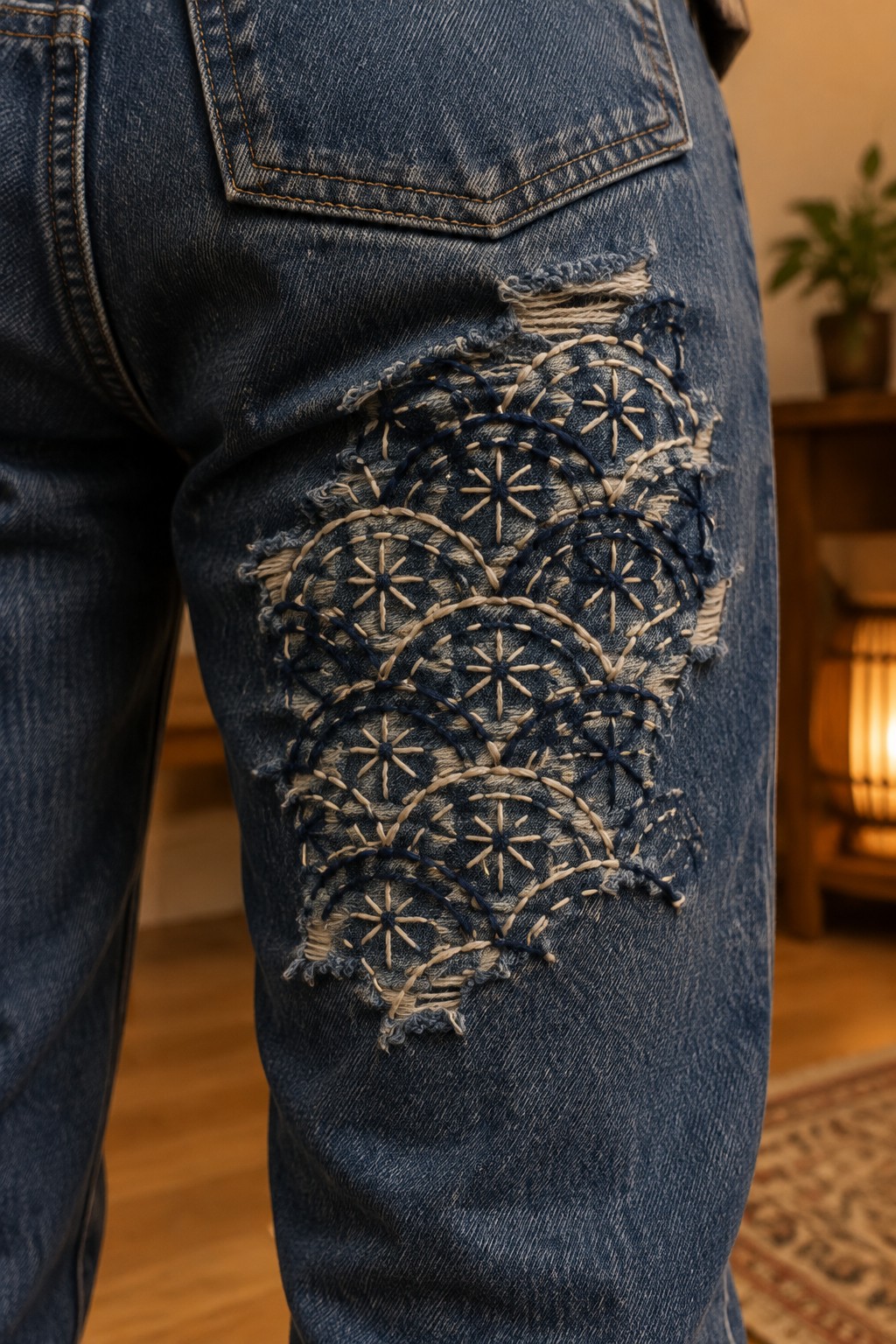 Close-up of blue jeans with overlapping circles and cream and dark blue embroidery mending a large tear on the thigh.