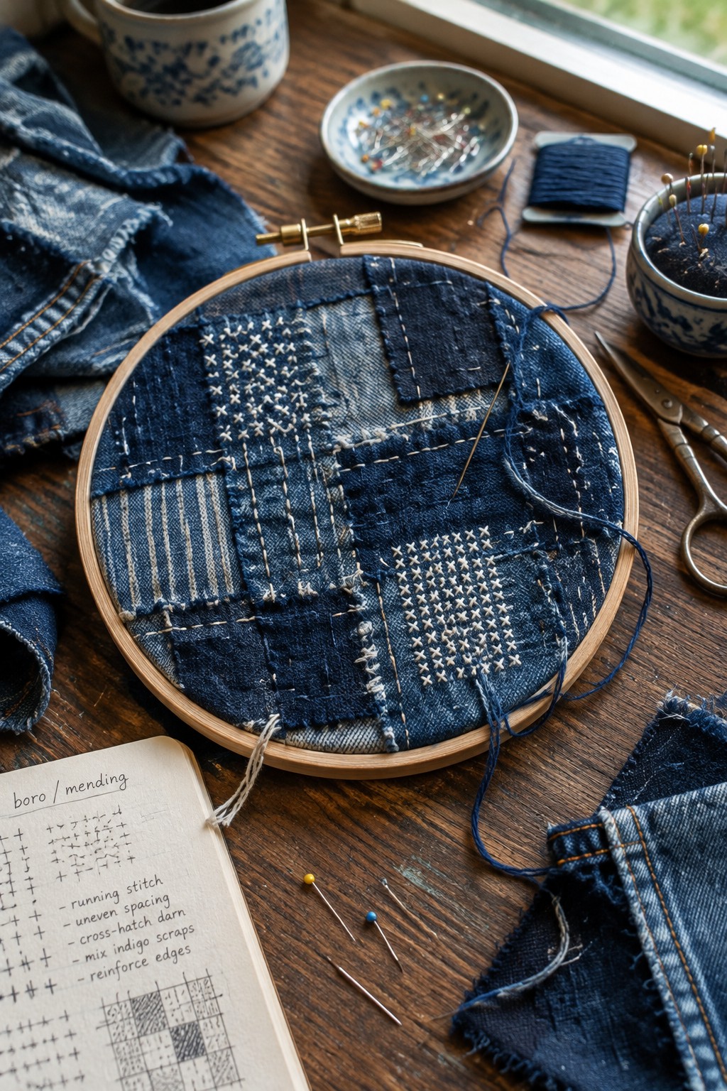 Indigo denim patches with white stitching are stretched in an embroidery hoop beside sewing tools and a mending notebook.
