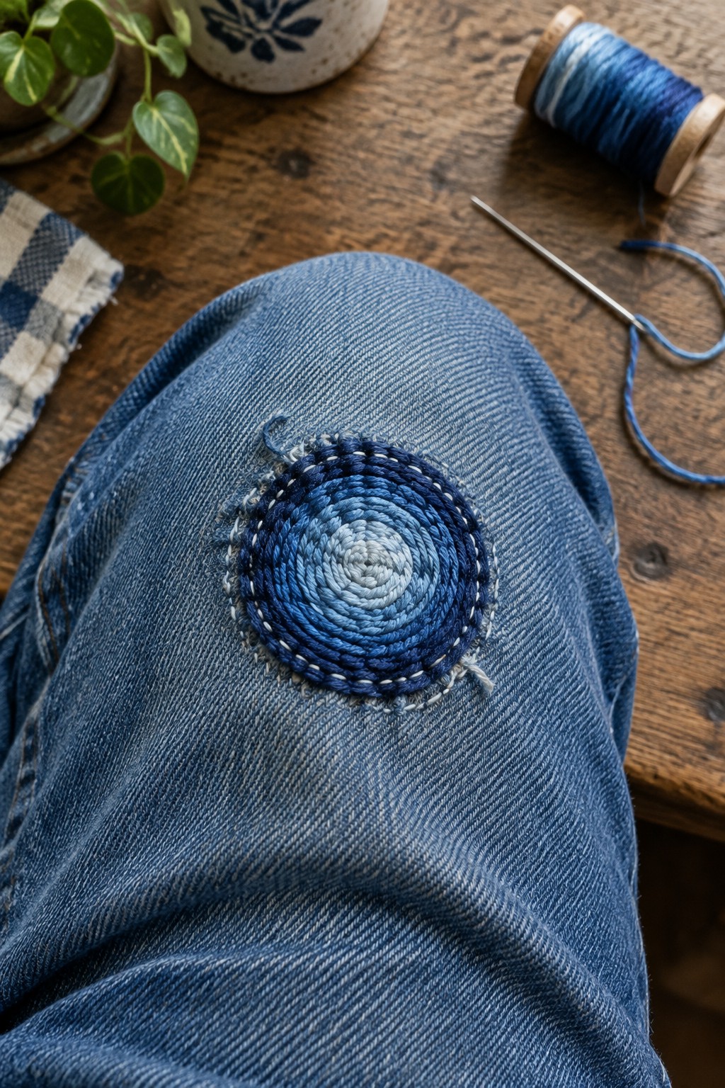 A blue spiral of cord embroidery is stitched onto denim over a wooden work surface, with a spool of blue thread and a needle nearby.