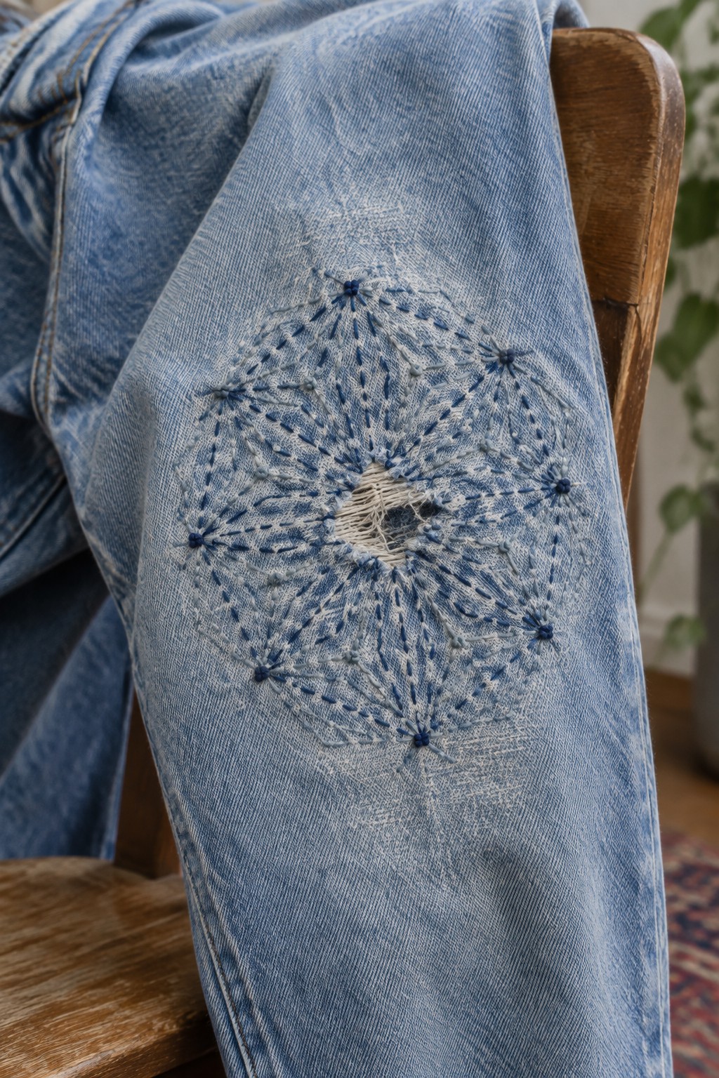 Blue and pale embroidery radiates around a torn area on the knee of light-wash jeans.