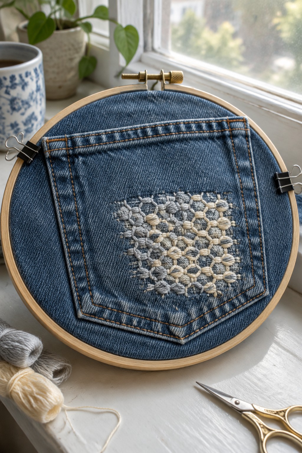 A denim pocket with raised cream and gray embroidery is stretched in a wooden hoop beside thread and scissors.