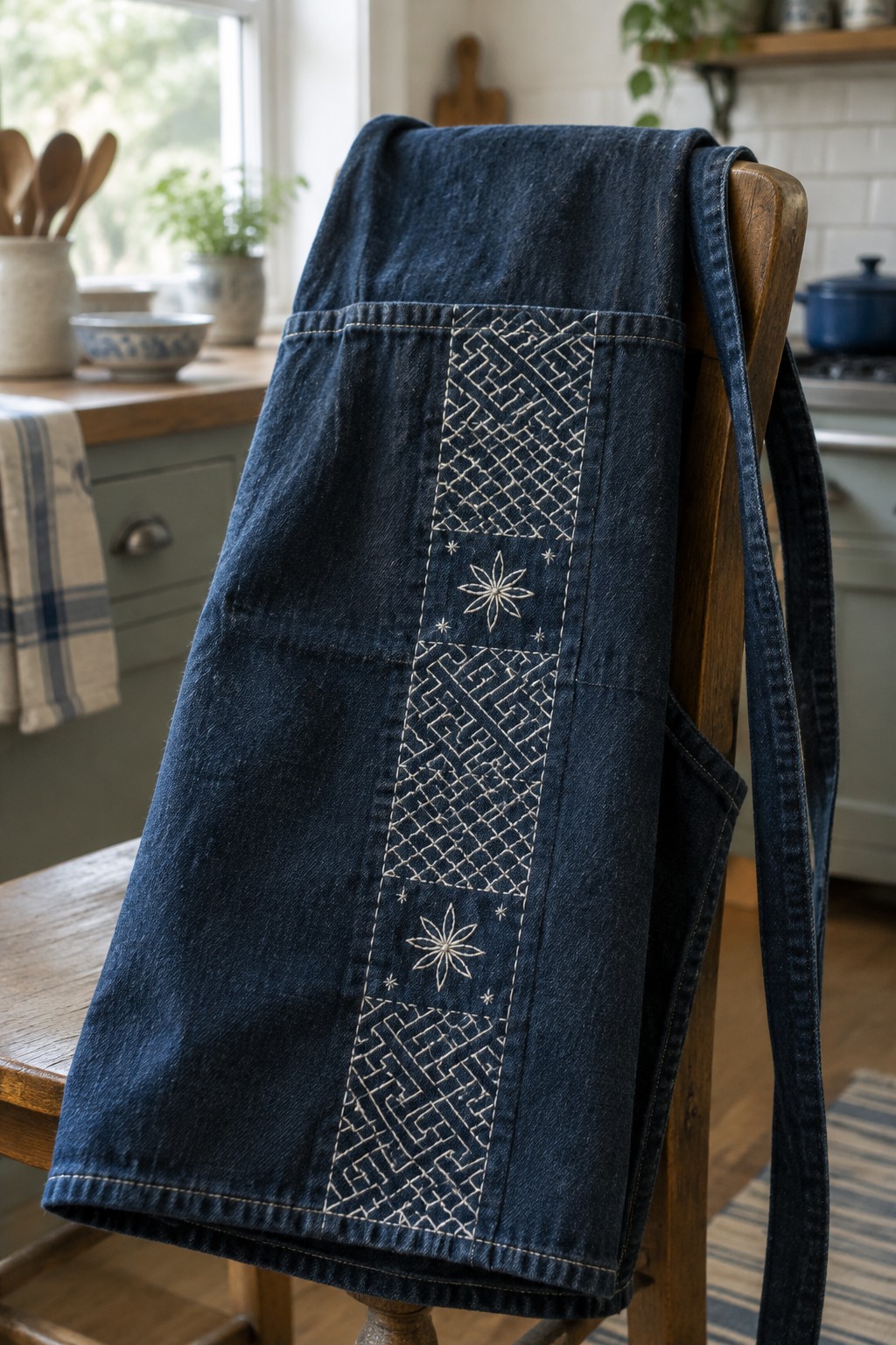 A denim apron with a vertical cream-stitched sampler band hangs over a wooden chair in a kitchen.