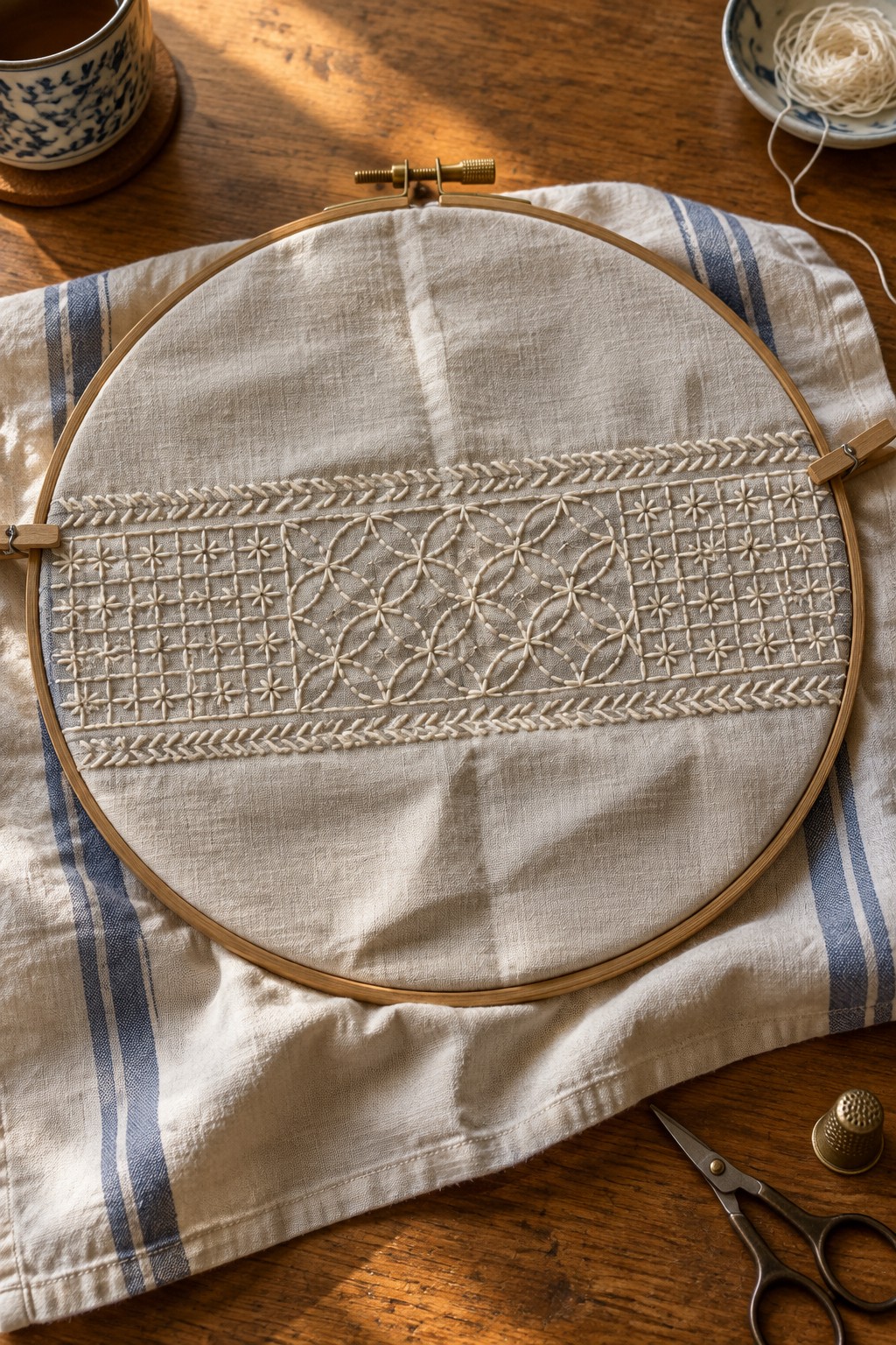 Cream stitched geometric sampler bands on fabric held in a wooden embroidery hoop.