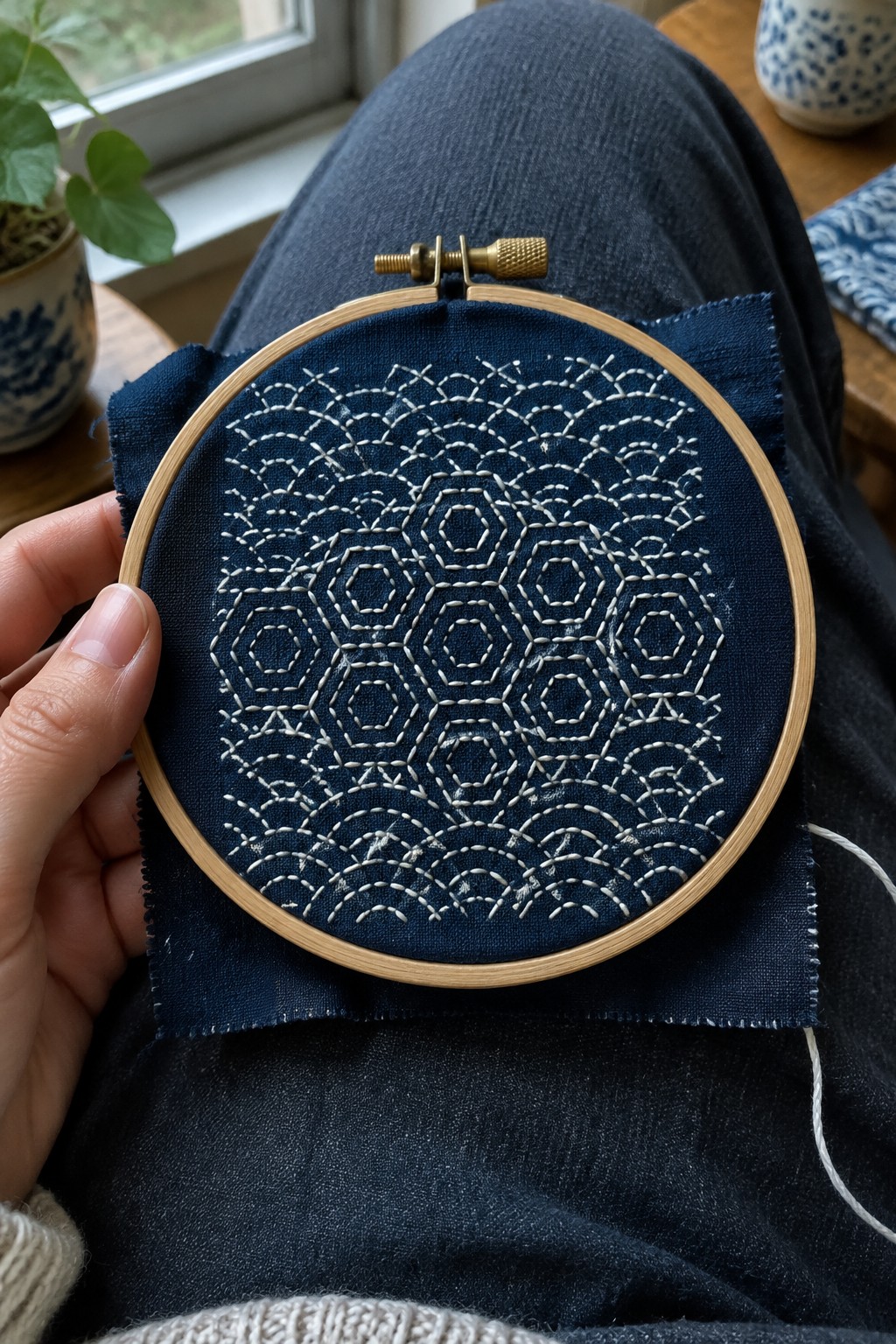 White geometric sashiko stitching covers indigo fabric held in a wooden embroidery hoop.