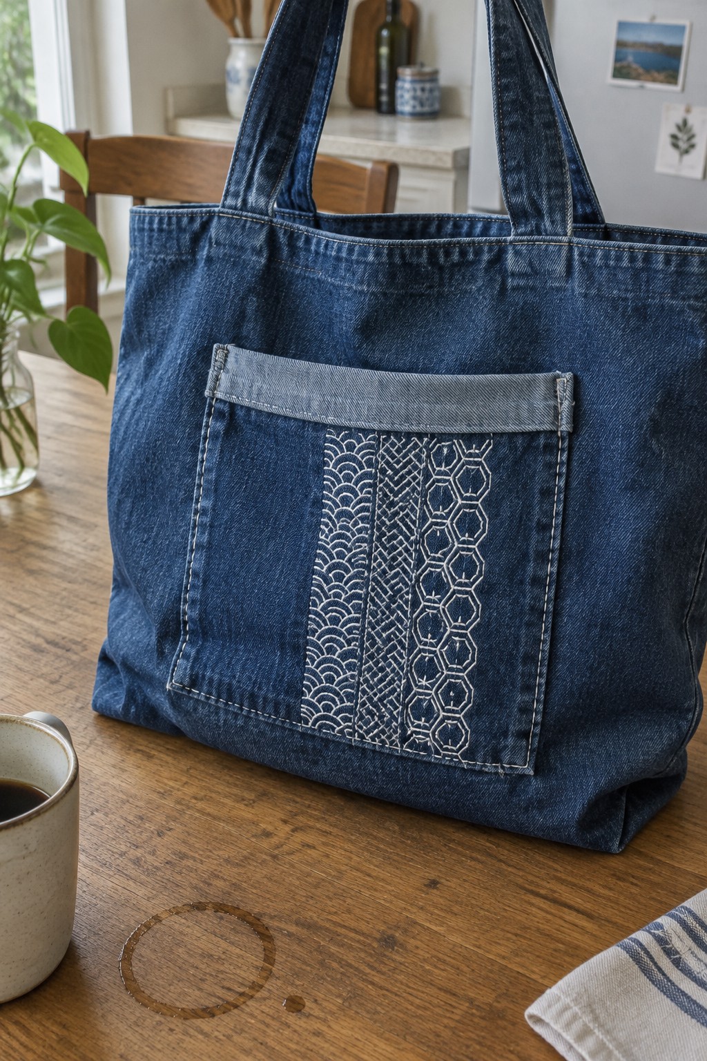 A dark denim tote with a front pocket decorated with three vertical bands of white geometric stitching.