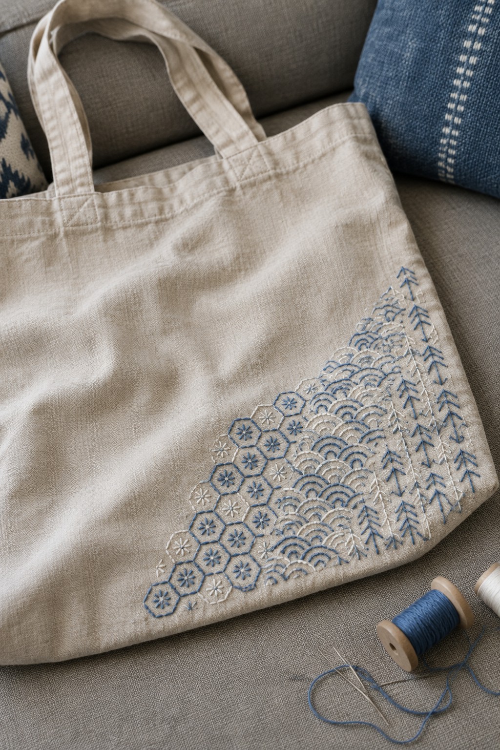 A cream tote bag with blue and white geometric embroidery on one lower corner rests on a gray sofa beside a spool of blue thread.