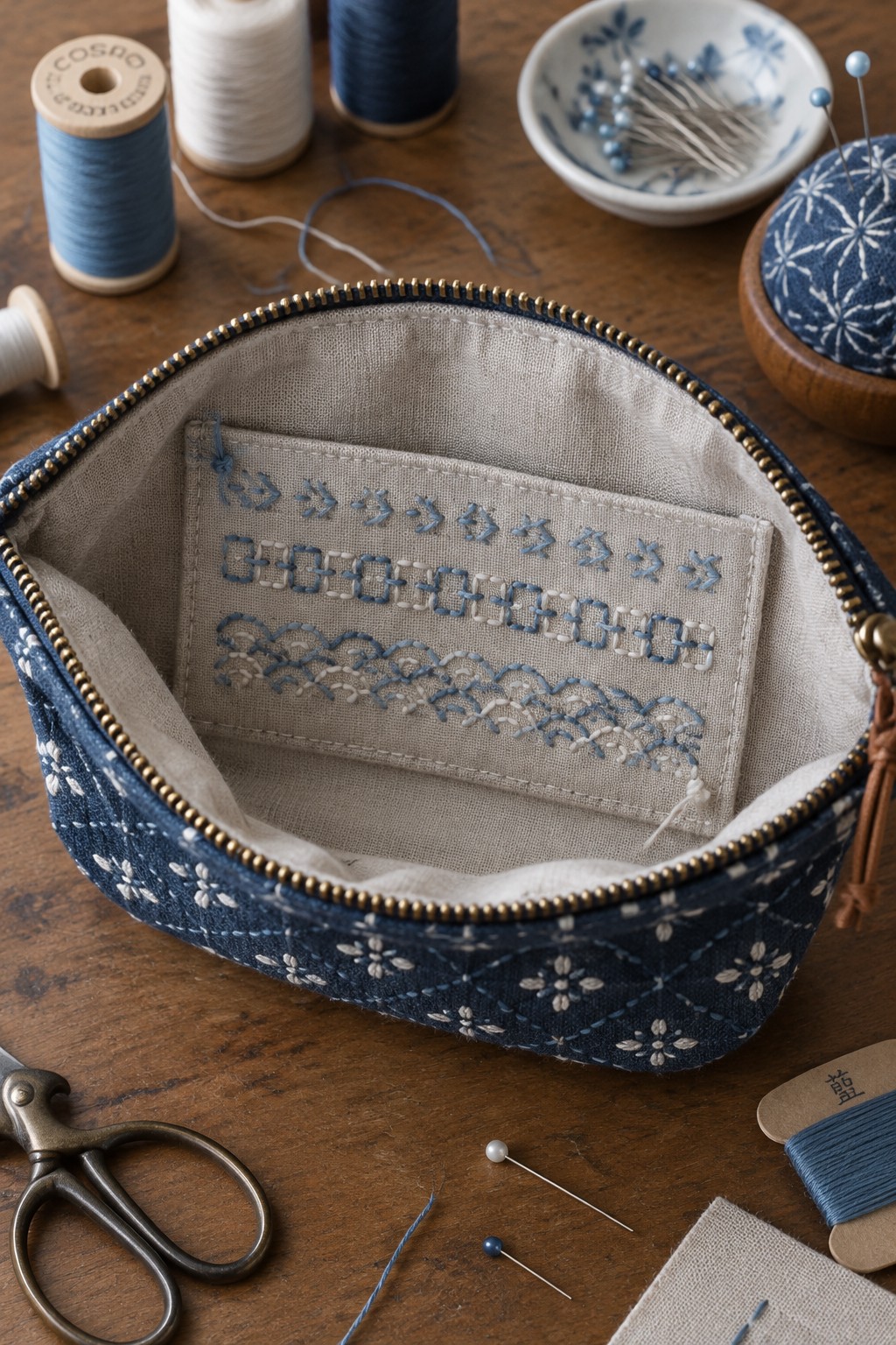 An open navy floral fabric pouch has four rows of blue sashiko-style embroidery on its beige lining, surrounded by sewing supplies.