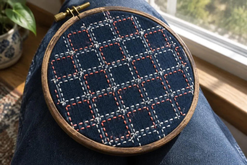 21 Striking Sashiko Thread Color Combinations for White Thread on Indigo Fabric Red and white grid stitching on indigo fabric held in a wooden embroidery hoop.