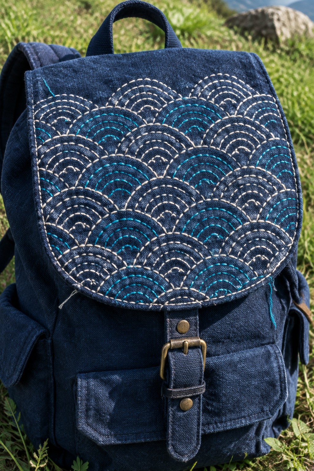 Indigo backpack with overlapping white and teal stitched arcs on its front flap.