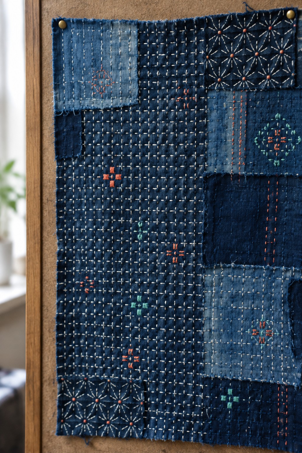 Indigo patchwork fabric with white grid stitching, starburst motifs, and small coral and green accents, pinned to a wooden board.