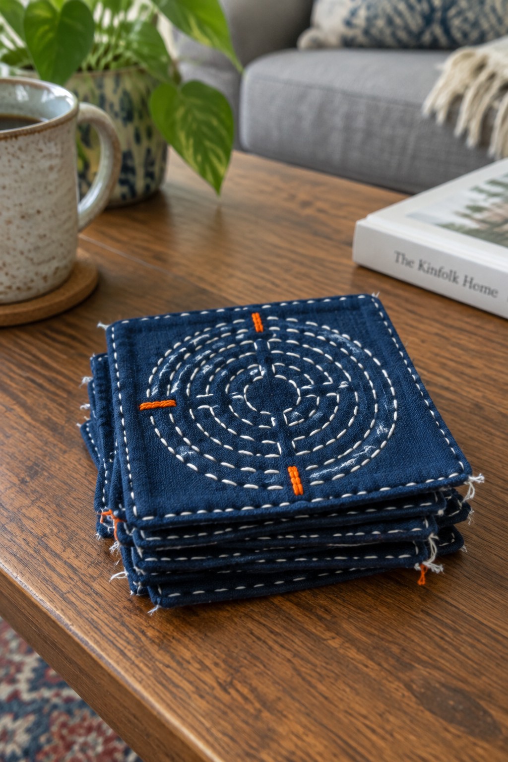 A stack of indigo fabric coasters embroidered with white spiral stitching and small orange accents rests on a wooden coffee table.