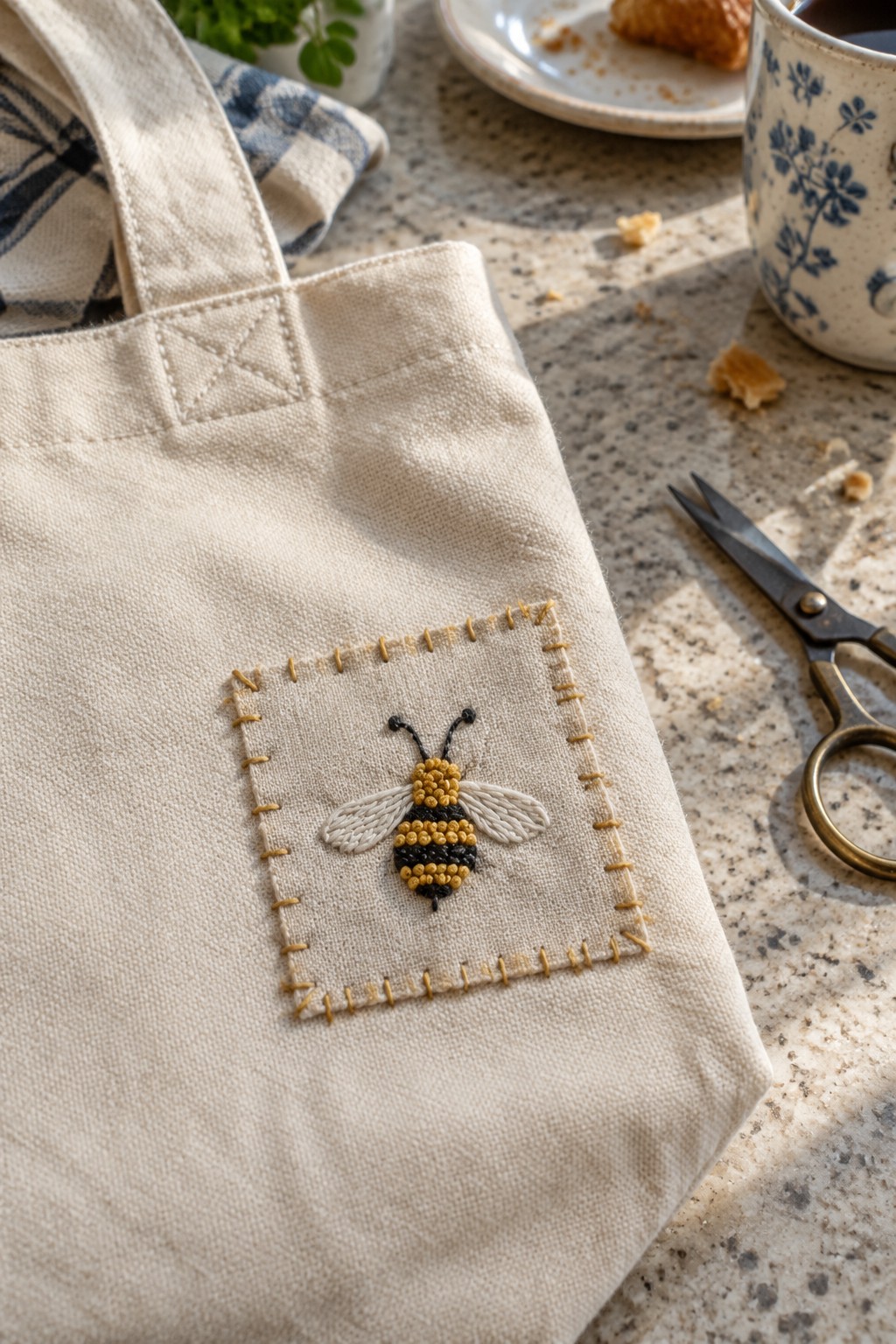 A cream canvas tote with a square embroidered bee patch sits on a speckled countertop beside scissors and a floral mug.