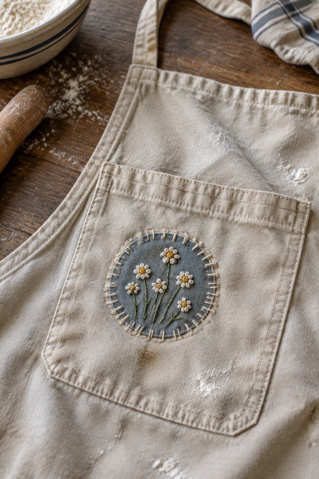 Beige apron pocket with a round blue-gray patch embroidered with white daisies.