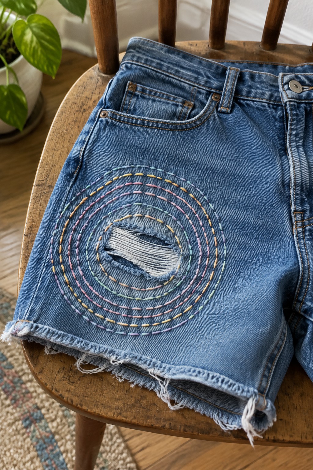 Blue denim shorts with a frayed tear surrounded by rings of colorful hand stitching.