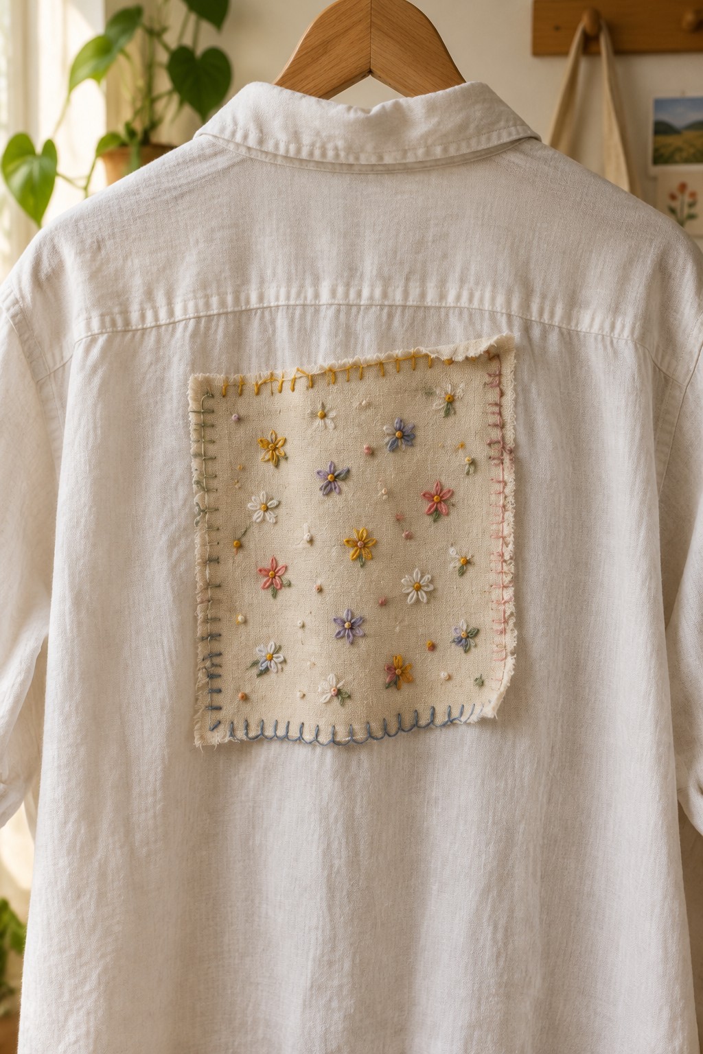 A white shirt on a wooden hanger with a square floral embroidery patch stitched onto the upper back.