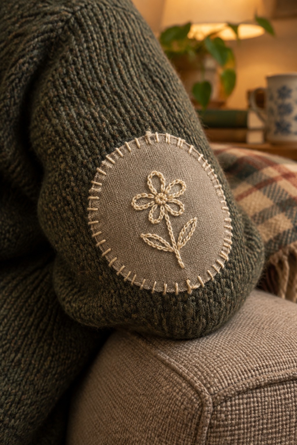 A round beige patch embroidered with a flower is stitched onto the elbow of a dark green knitted sweater.