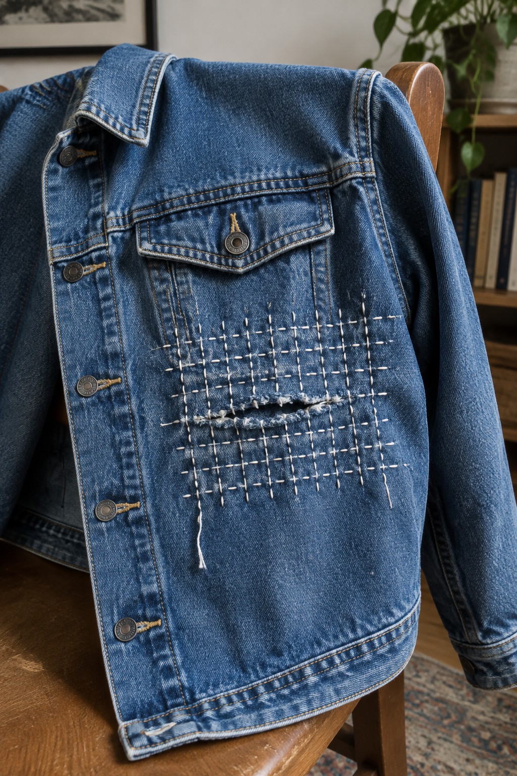 White crosshatch stitches cover a torn area on the back of a blue denim jacket.