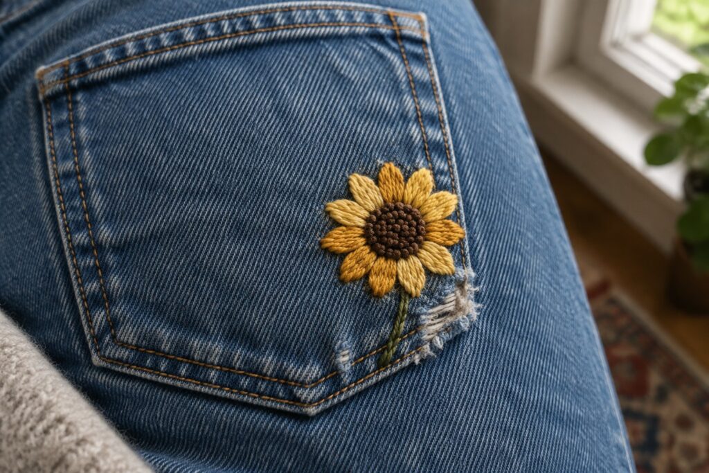 22 Beginner Embroidery Techniques for Mending Clothes by Hand A yellow embroidered sunflower decorates the lower corner of a blue jeans back pocket.