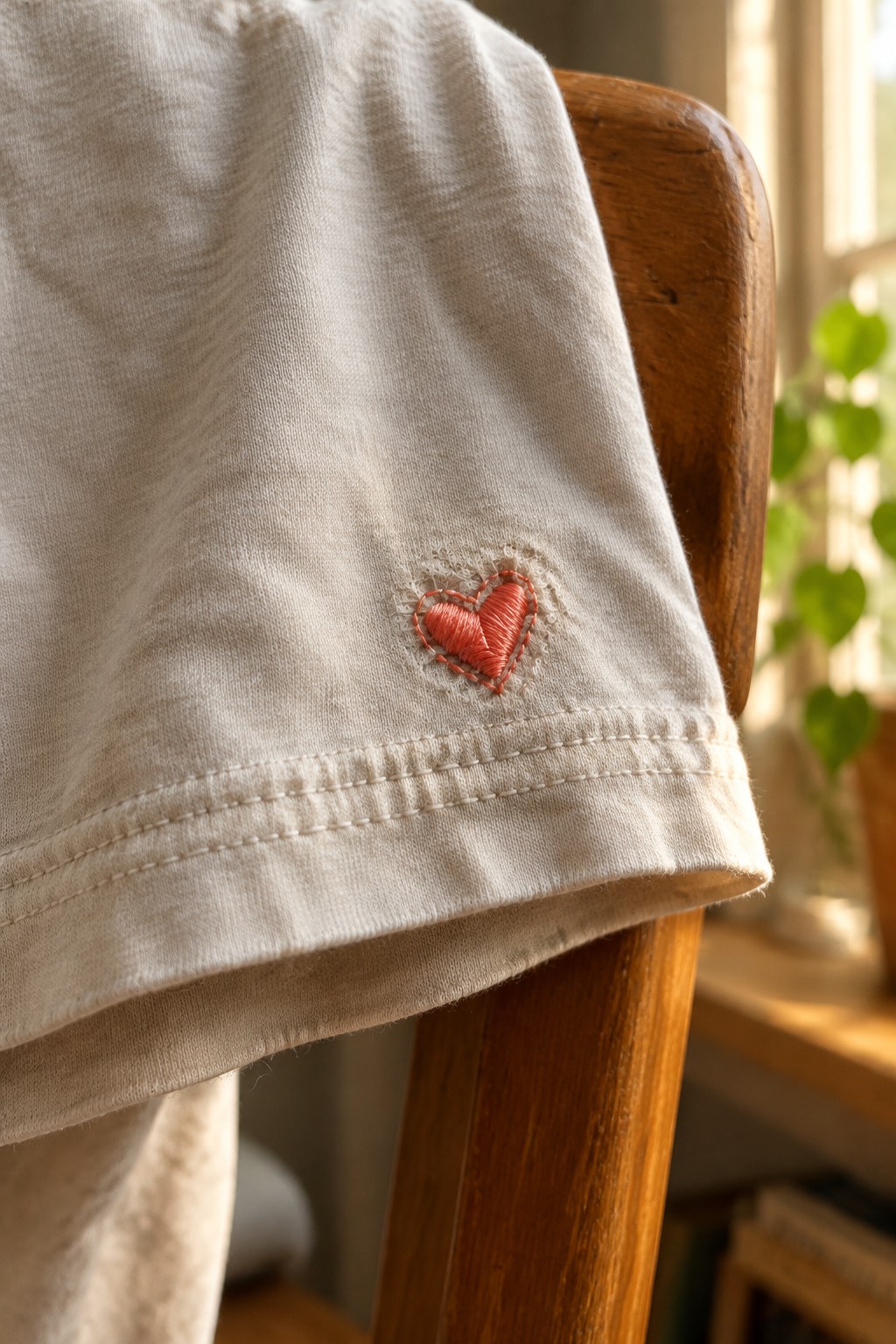 A small red embroidered heart sits above the hem of a light-colored shirt draped over a wooden chair.