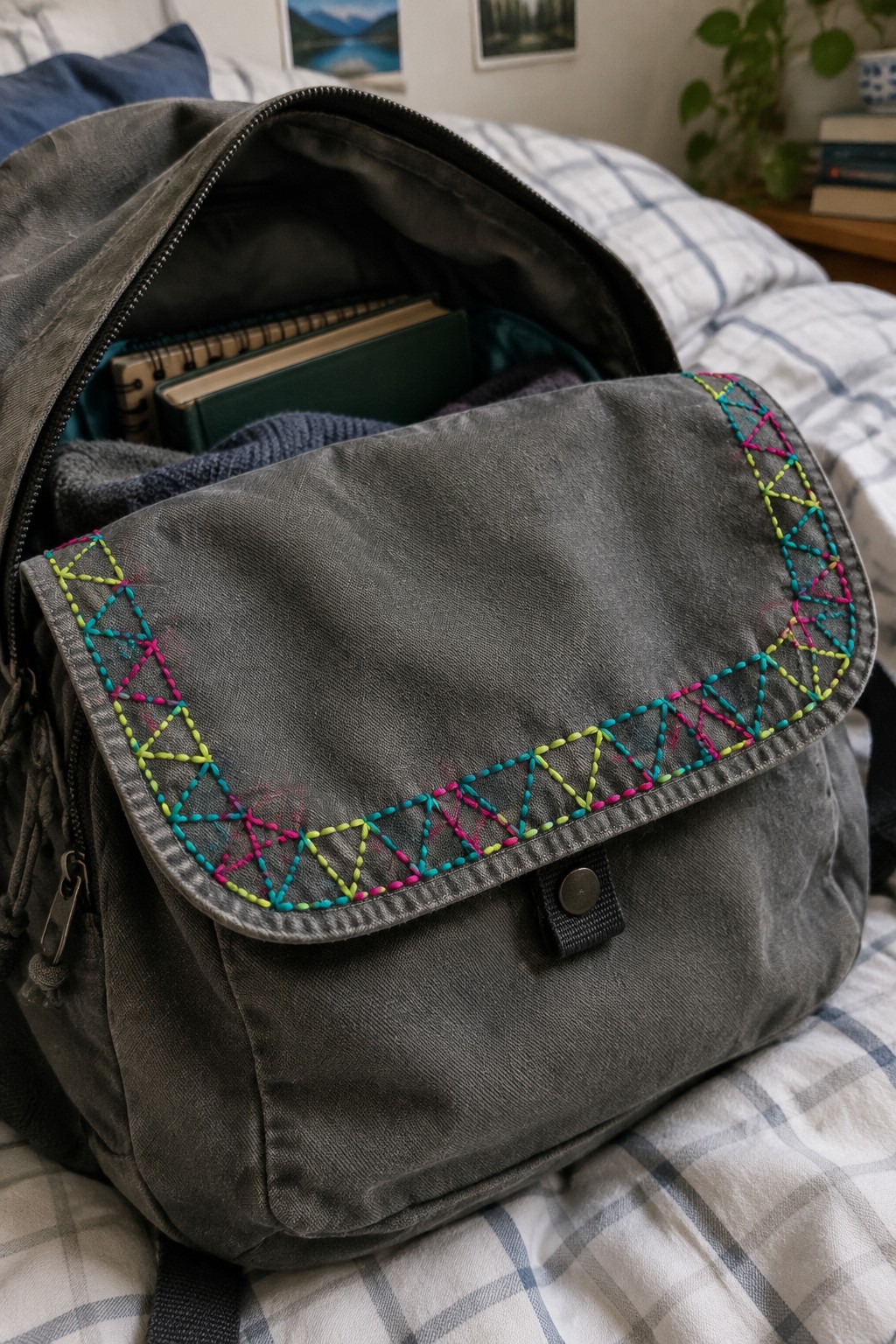A gray denim backpack with bright geometric embroidery around its front flap sits open on a plaid bed.