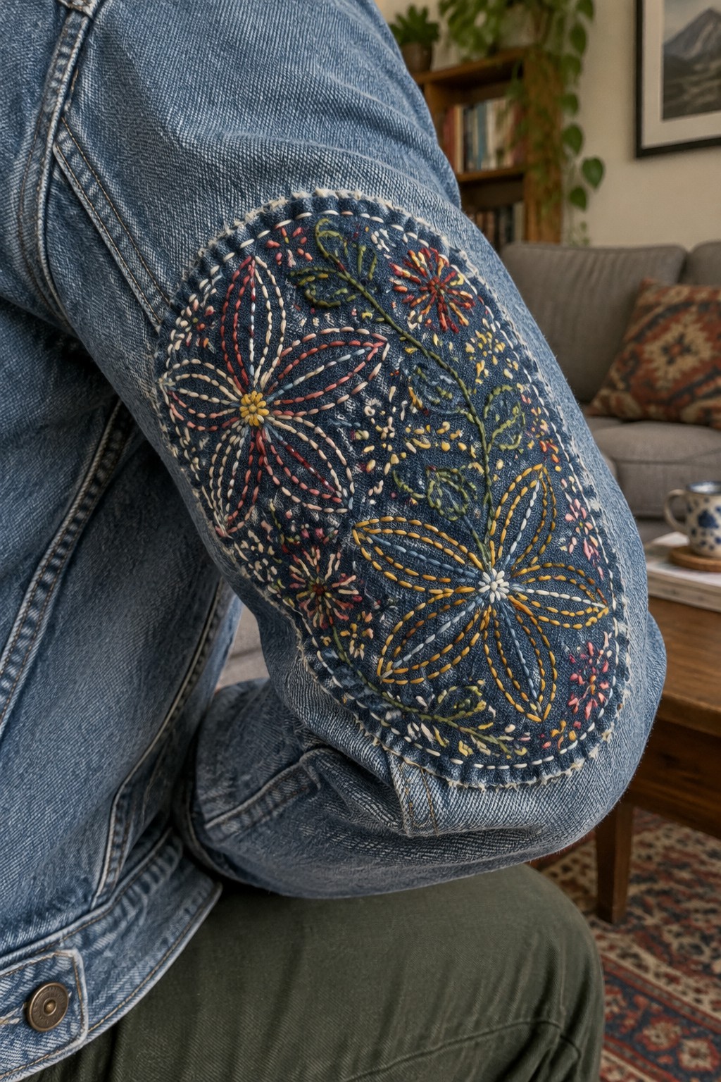 Colorful stitched flowers cover a rounded patch on the elbow of a blue denim jacket.