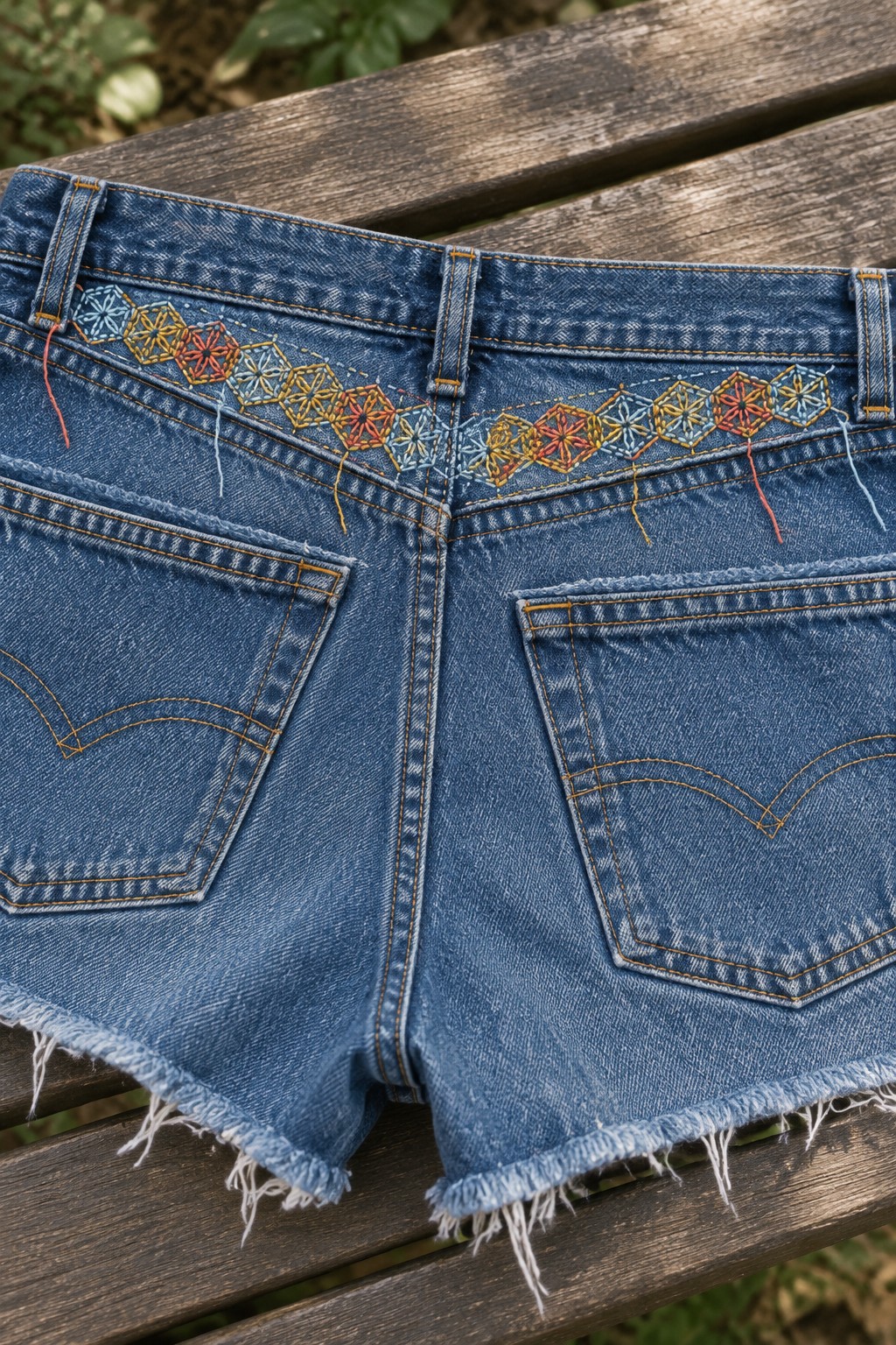 Blue denim shorts with a colorful geometric embroidered band across the back waistband, draped over a wooden bench.