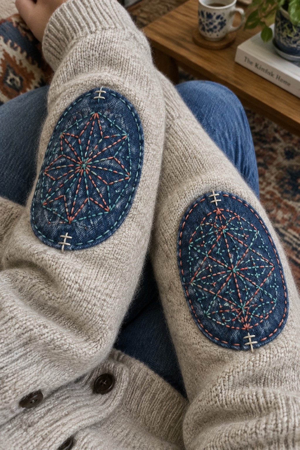 A beige knit cardigan with oval denim patches embroidered in coral and teal geometric patterns at both elbows.