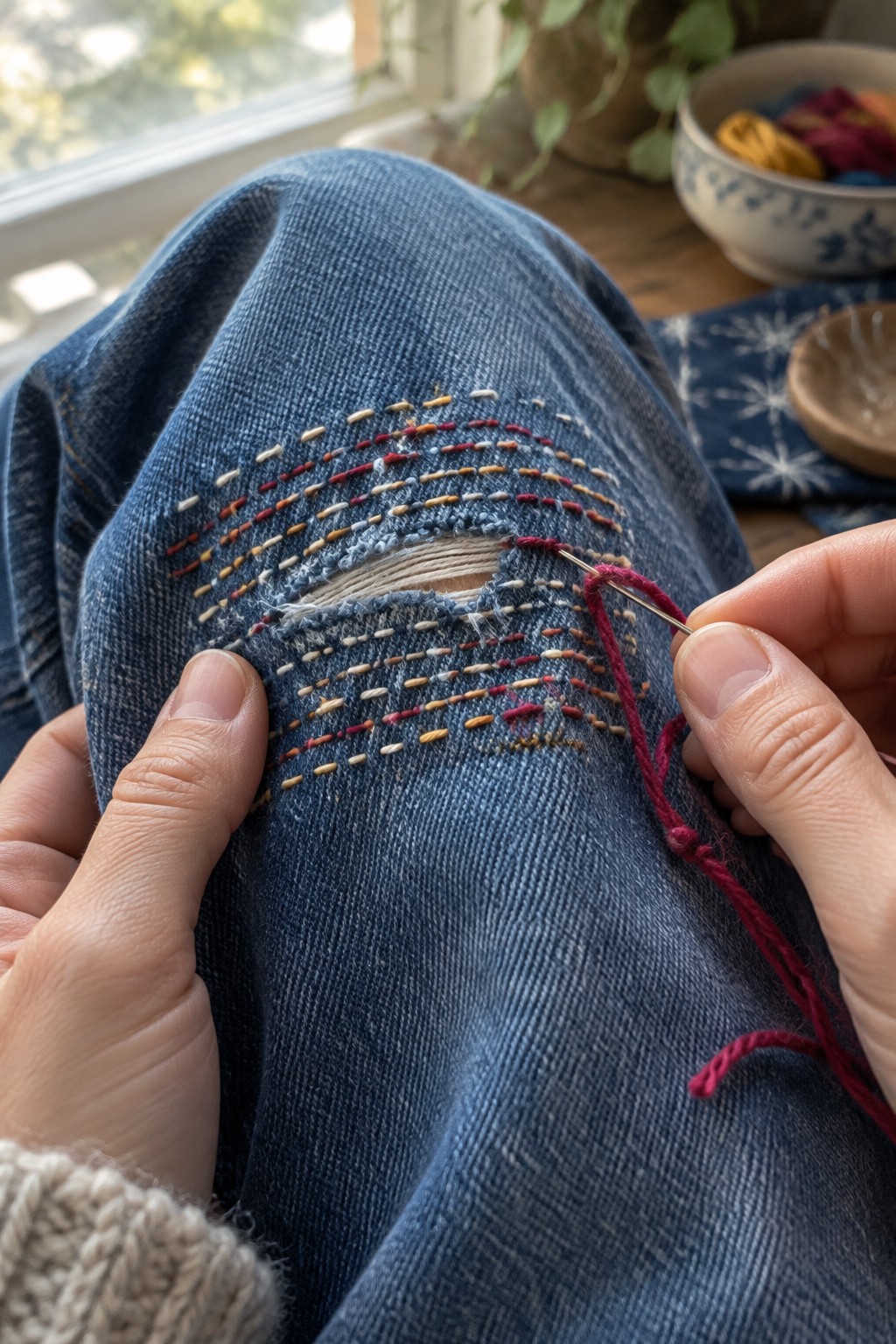 Hands stitch rows of colorful thread around a tear in blue denim jeans.