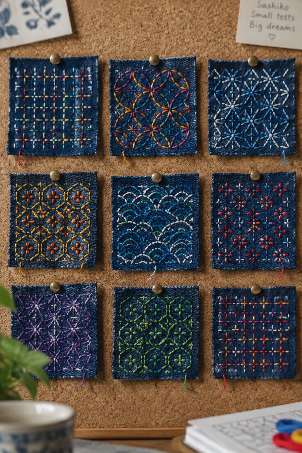 Nine dark denim squares with colorful sashiko patterns are pinned in rows to a corkboard.
