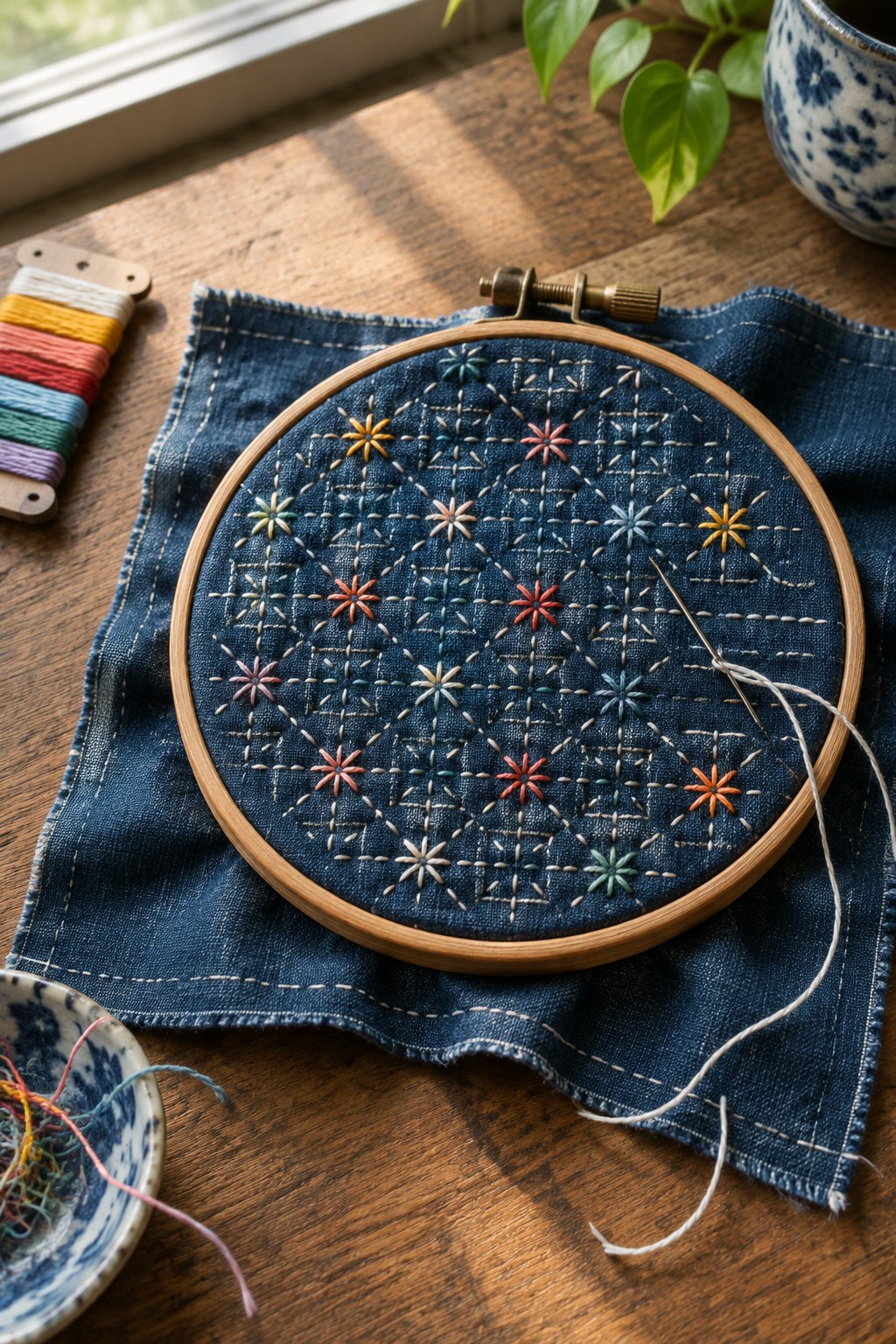 Colorful starburst embroidery and small sashiko-style stitches cover denim held in a wooden hoop.