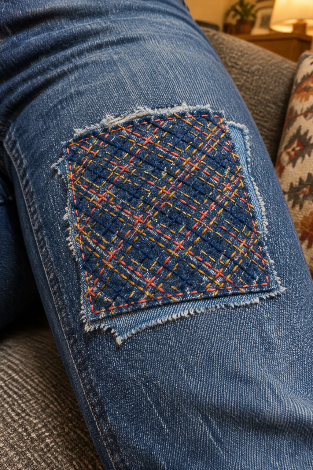 A square dark blue patch with colorful crosshatched stitching covers the knee of a pair of jeans.