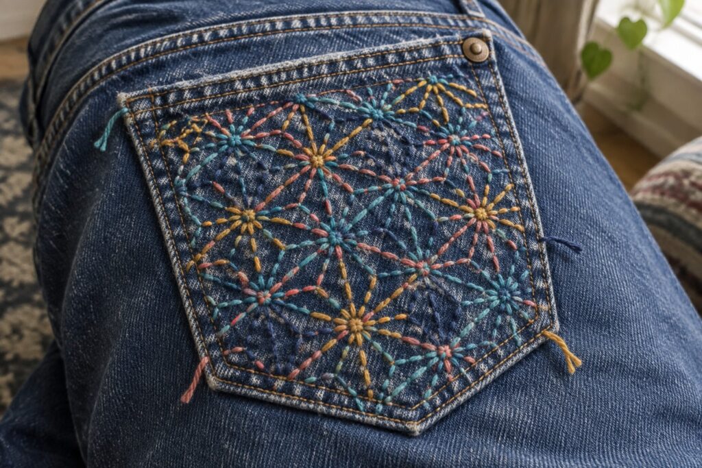 A denim back pocket is embroidered with a grid of colorful starburst patterns.