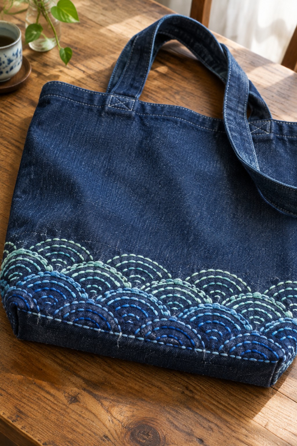 Dark denim tote bag with layered aqua and blue wave embroidery along the bottom, resting on a wooden table.