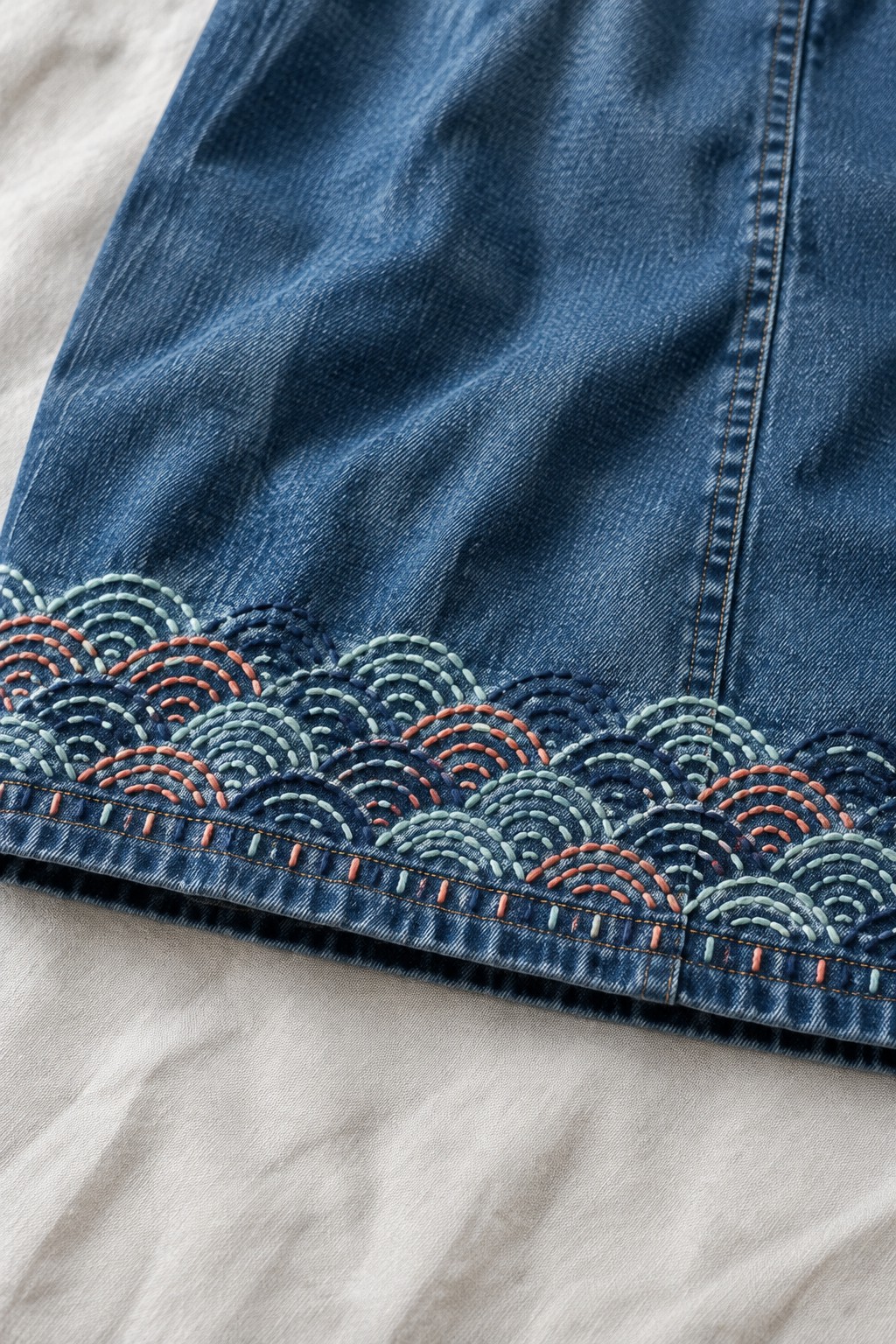 Close-up of a denim hem embroidered with layered rows of coral, pale green, and navy wave patterns.