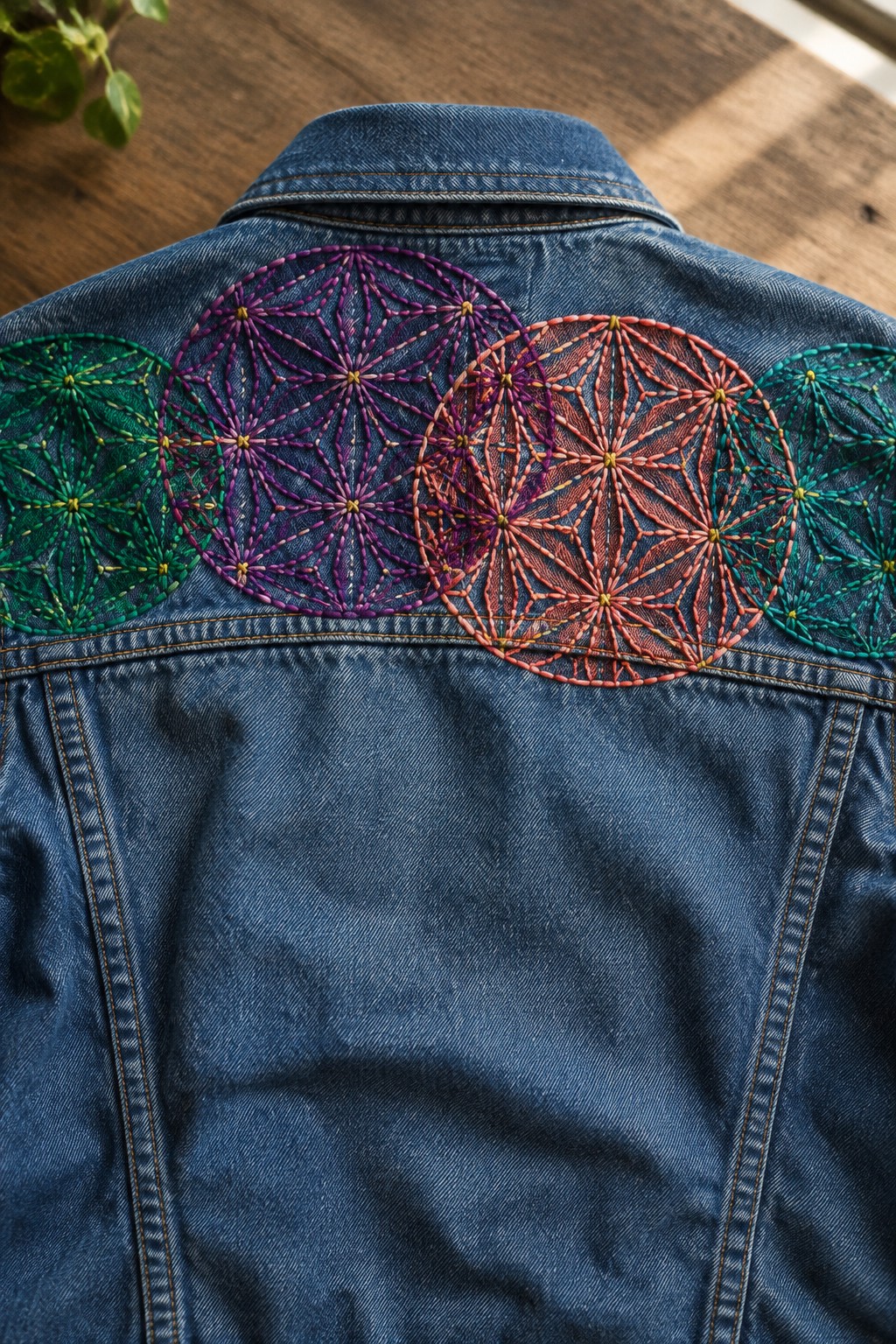 Colorful geometric sashiko circles cover the upper back of a blue denim jacket.