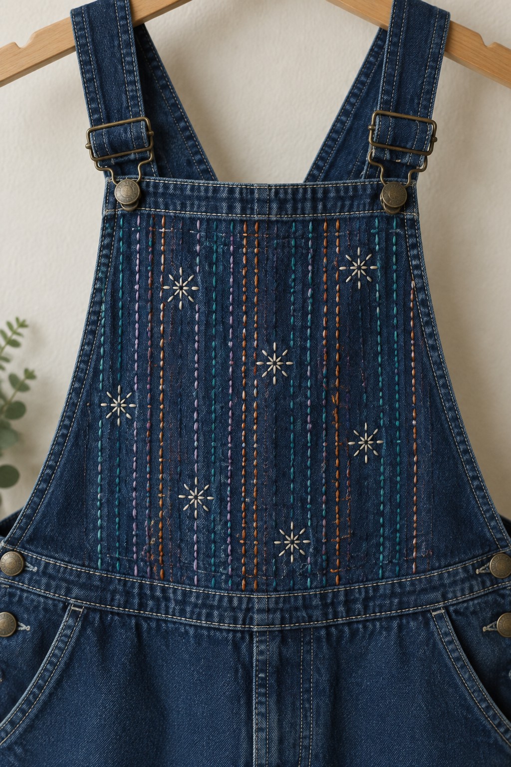 Dark denim overalls on a wooden hanger with colorful vertical embroidery and cream starburst motifs on the bib.