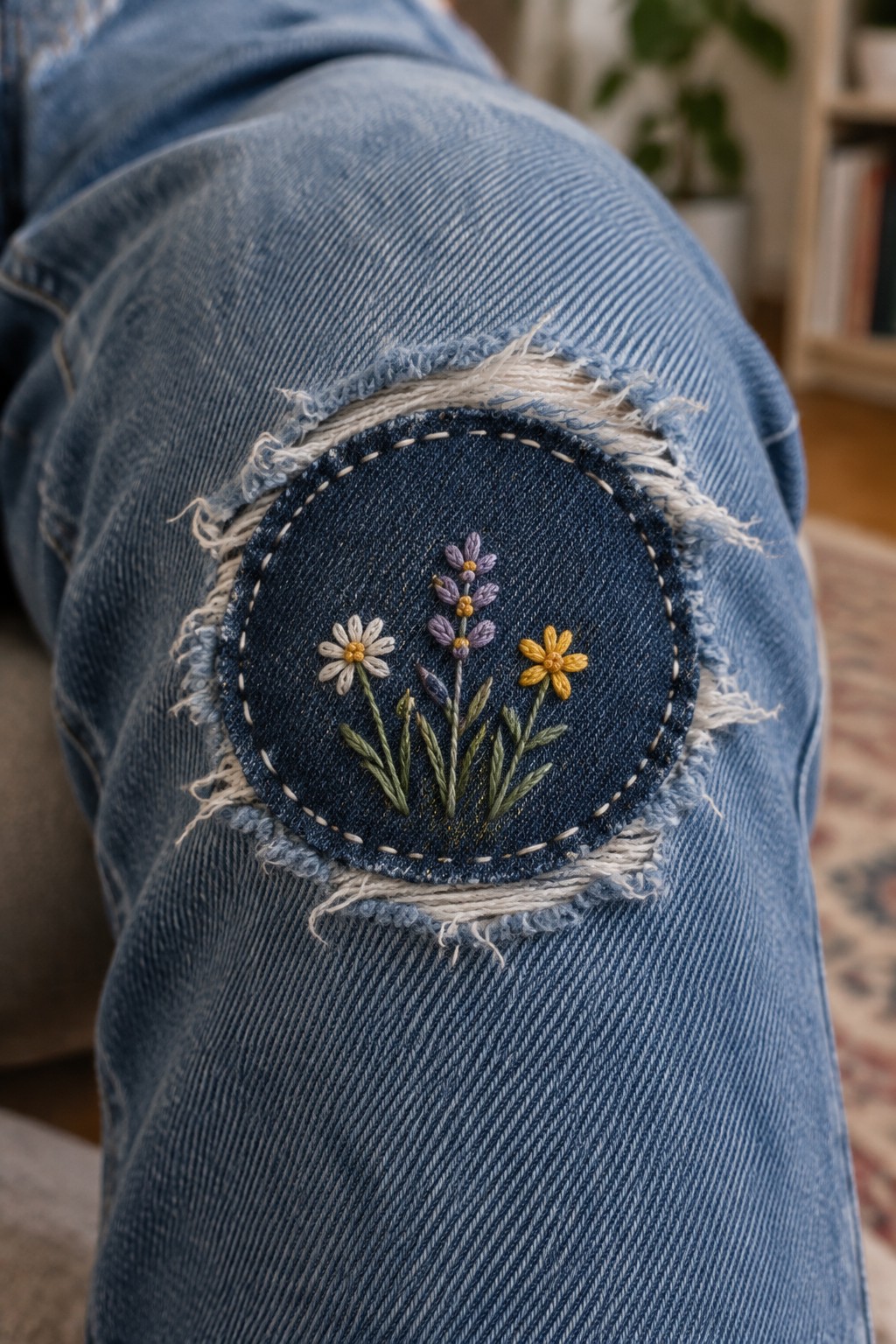 A round dark denim patch with three embroidered flowers covers a frayed hole in light blue jeans.