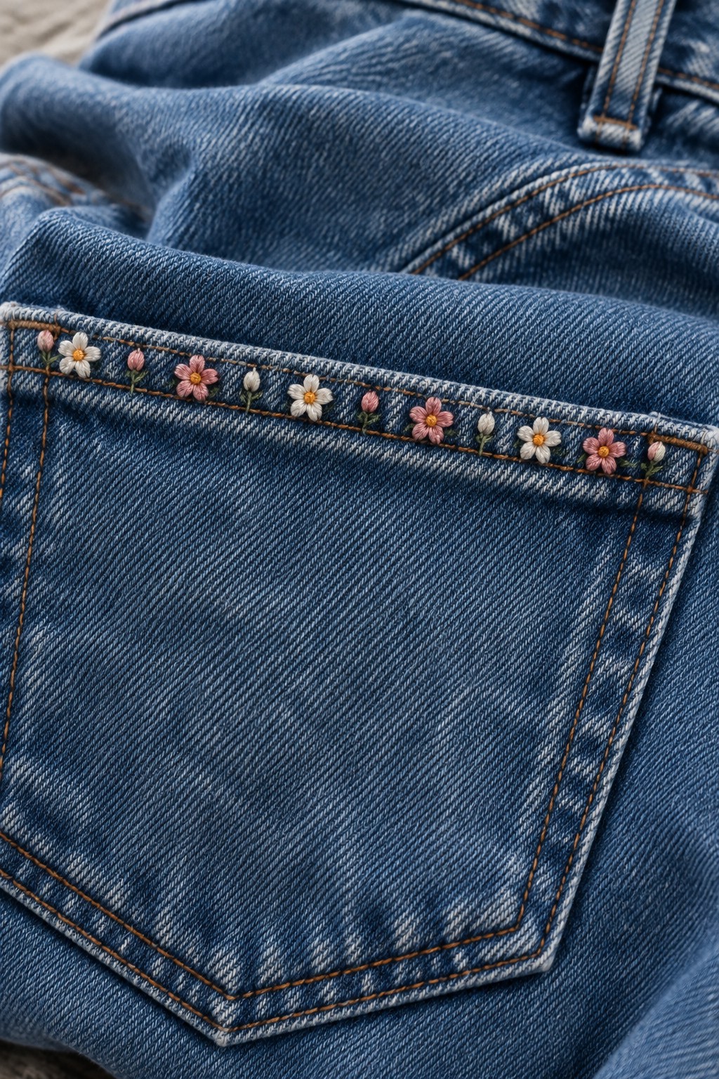 Small pink, white, and yellow embroidered flowers line the top edge of a blue denim pocket.