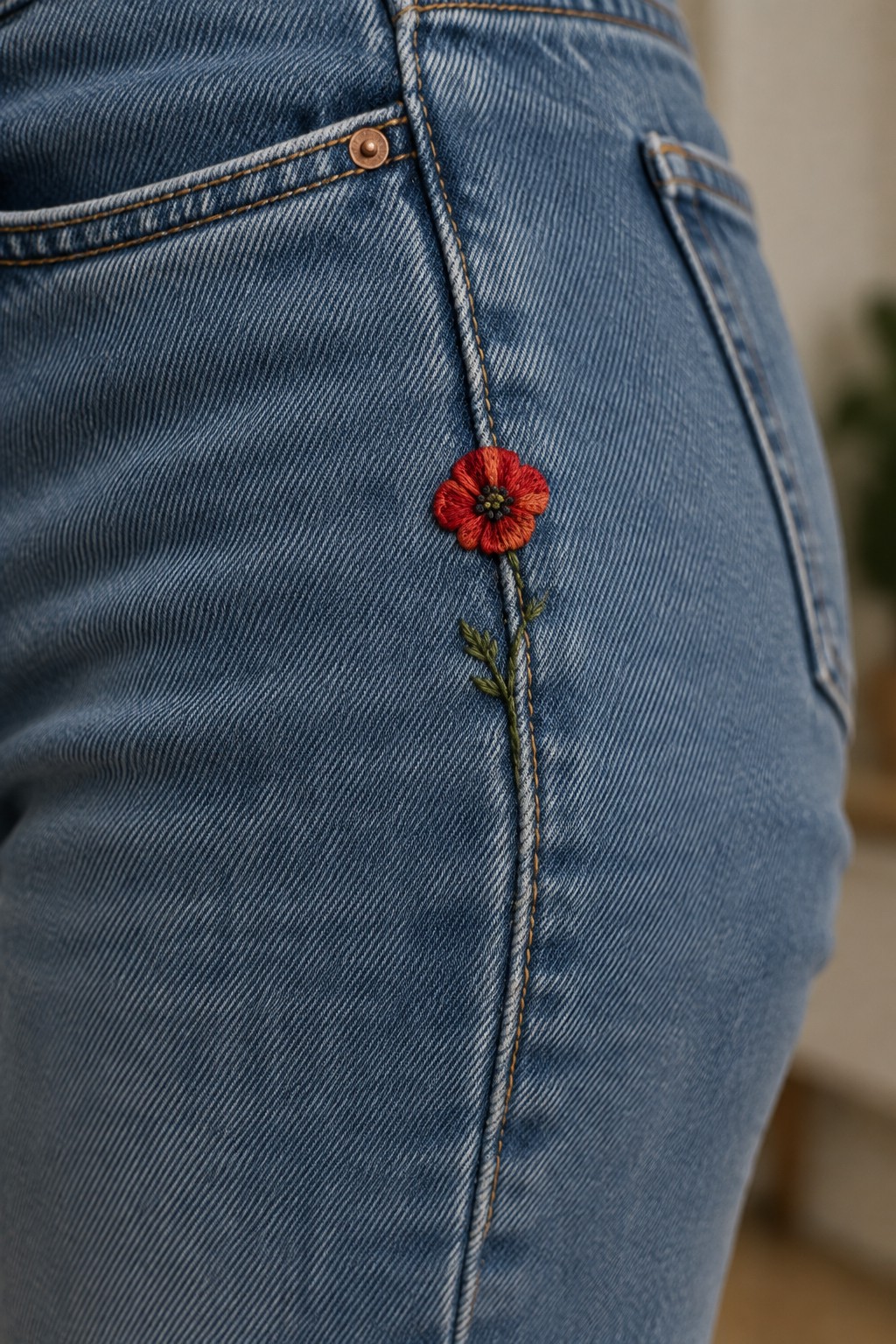A small red embroidered flower with a green stem sits along the side seam of blue jeans.