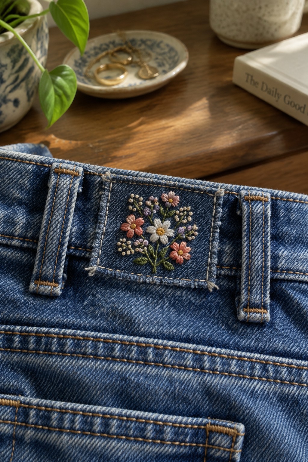 Small pink, white, and purple flowers embroidered on the waistband of blue jeans.