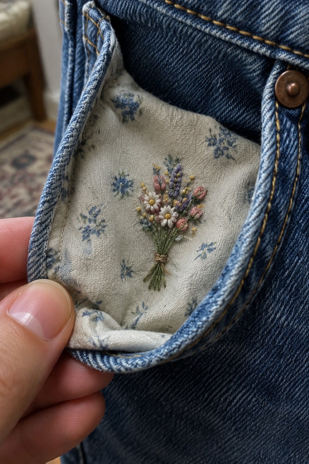 A small bouquet embroidered on the floral lining inside a blue jeans pocket.