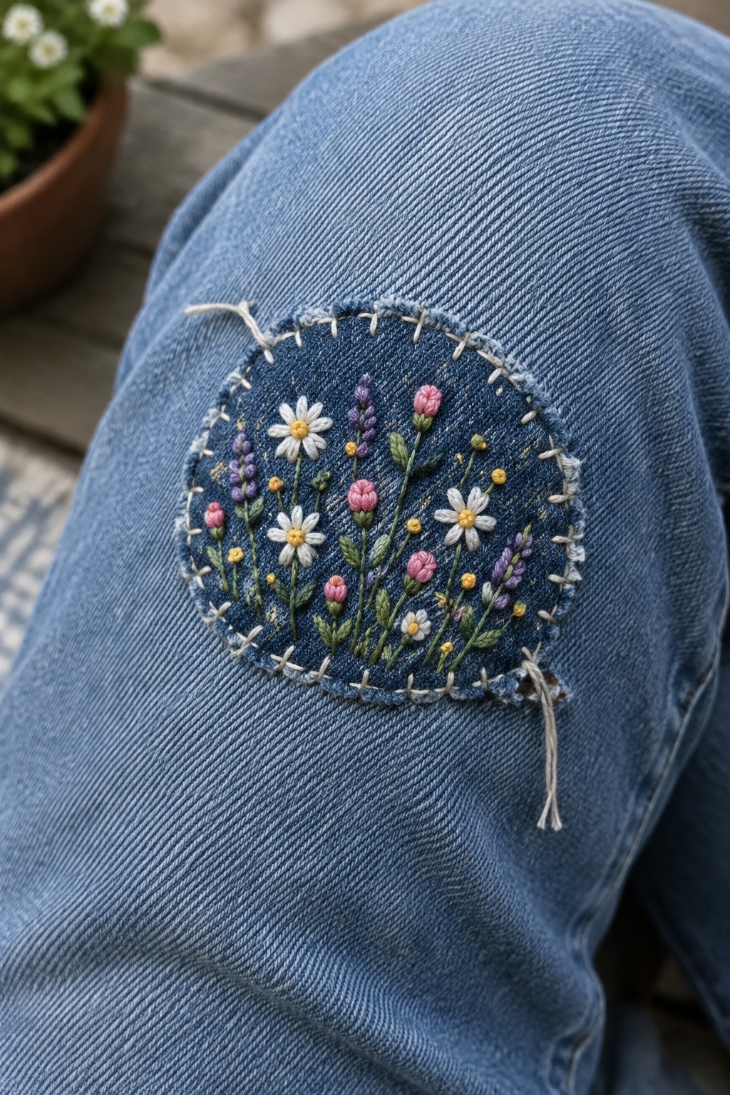 A round denim patch with embroidered pink, purple, and white flowers is stitched onto blue jeans.