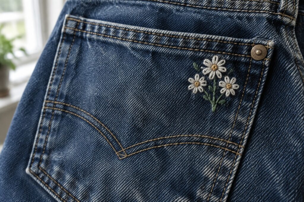 22 Creative Embroidered Jeans Ideas With Small Flower Motifs Three small embroidered daisies sit near the upper corner of a faded blue jeans pocket.
