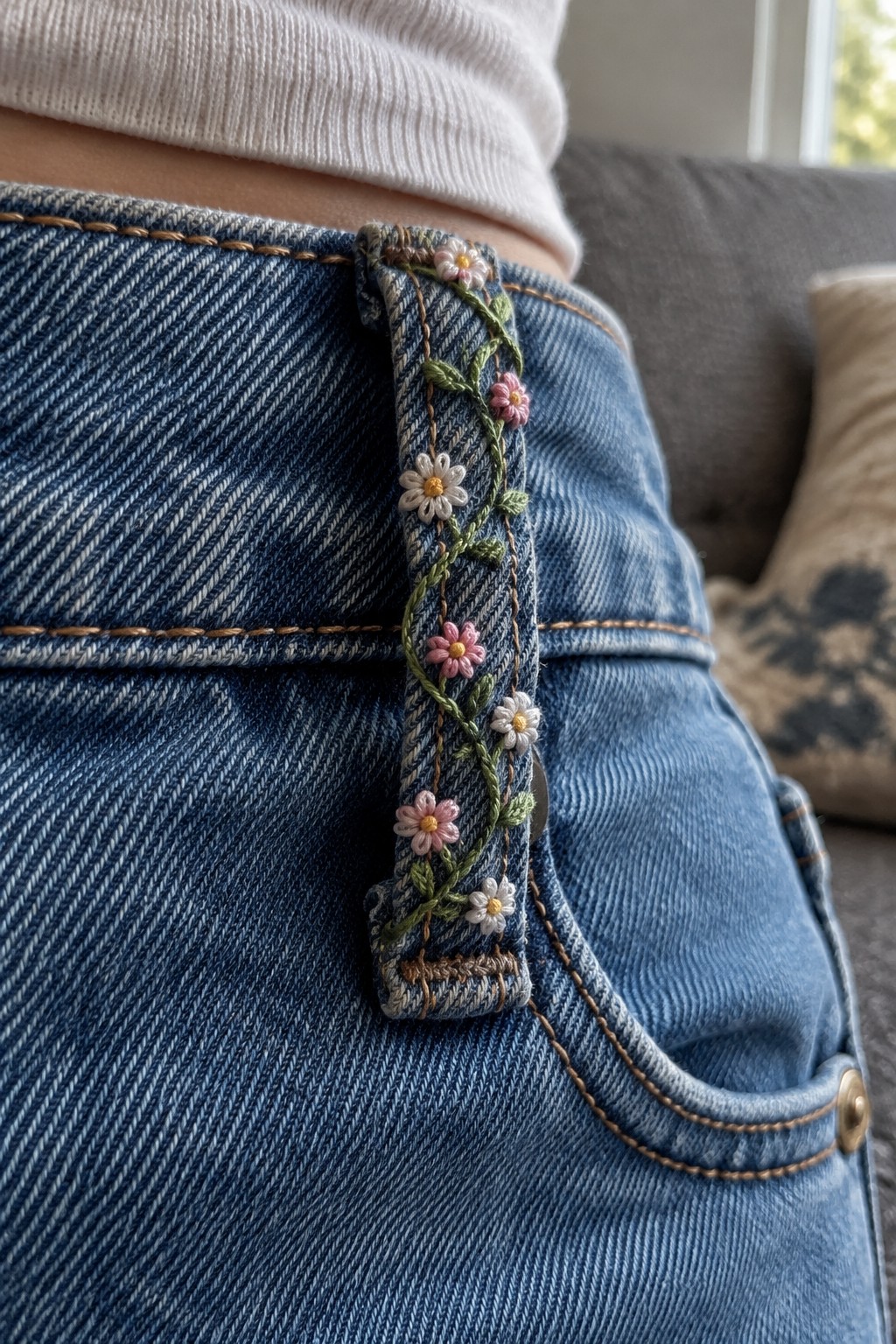 Close-up of blue jeans with pink and white embroidered flowers along a belt loop.