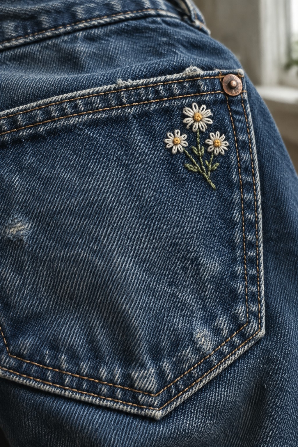 Three small embroidered daisies sit near the upper corner of a faded blue jeans pocket.
