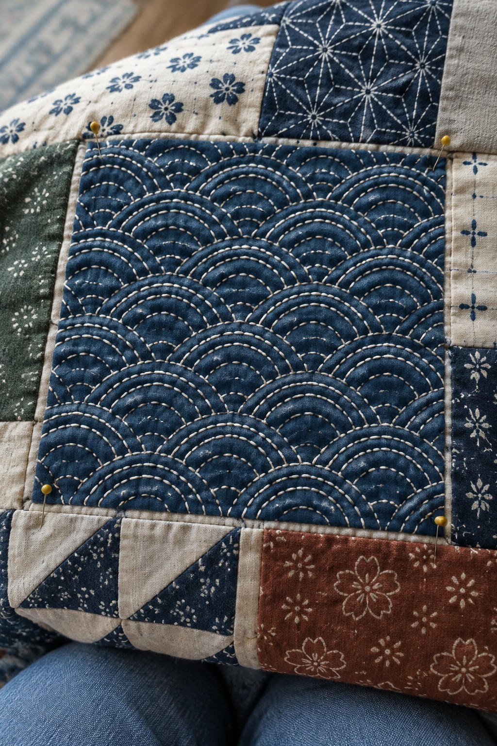 A navy fabric patch stitched with repeating pale seigaiha waves is pinned to a quilt made from patterned fabric.