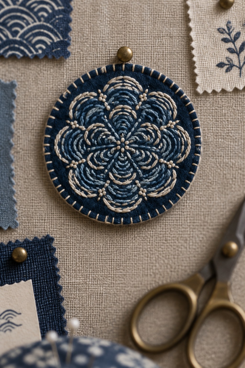 A round navy fabric medallion embroidered with layered blue and cream waves is pinned to a linen-covered board.