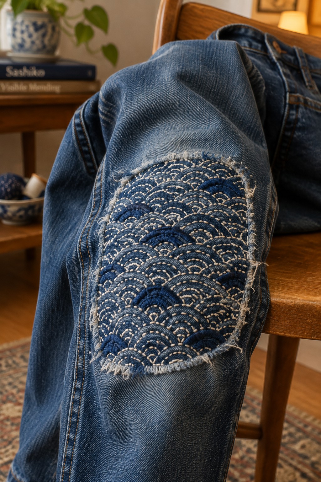 Blue jeans with an oval patch embroidered in cream and dark blue repeating wave patterns on the knee.