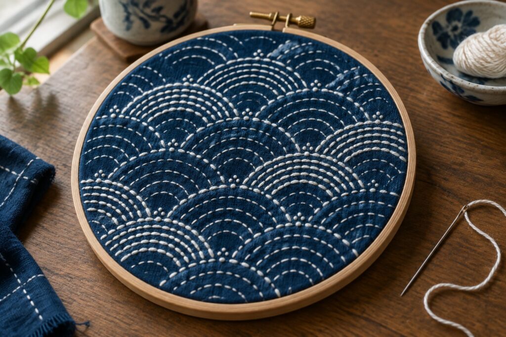 A round wooden hoop holds dark blue fabric embroidered with repeating white wave patterns and small clustered accents.