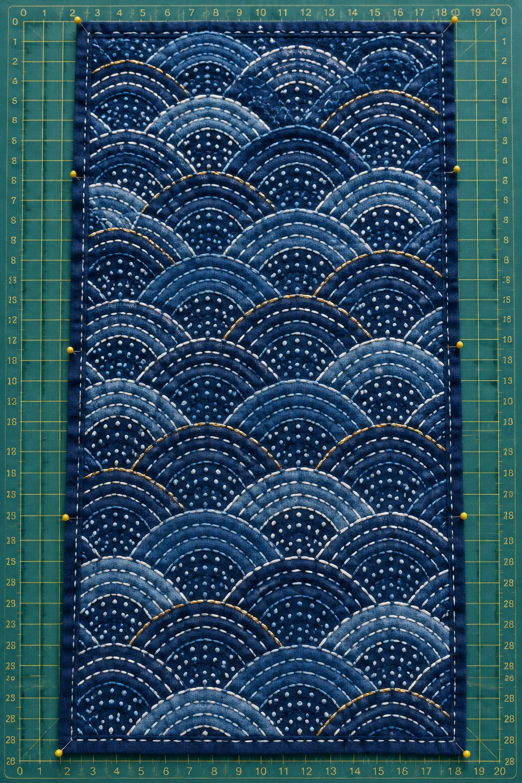 A long rectangular navy fabric panel is embroidered with repeating pale blue and white seigaiha waves, dotted details, and occasional gold arcs, and is pinned to a gridded cutting mat.